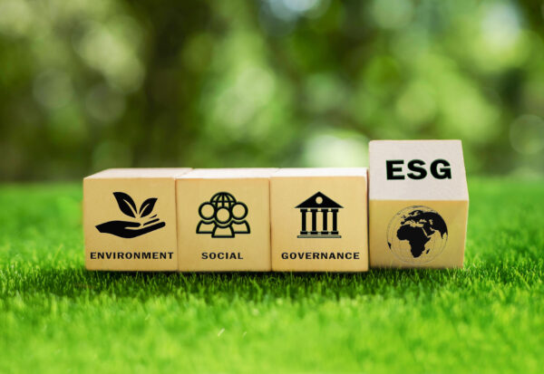 ESG concept of environmental, social and governance. Sustainable and ethical business. wooden cube with text "ESG" surrounding with ESG icon on beautiful green background. World environment day